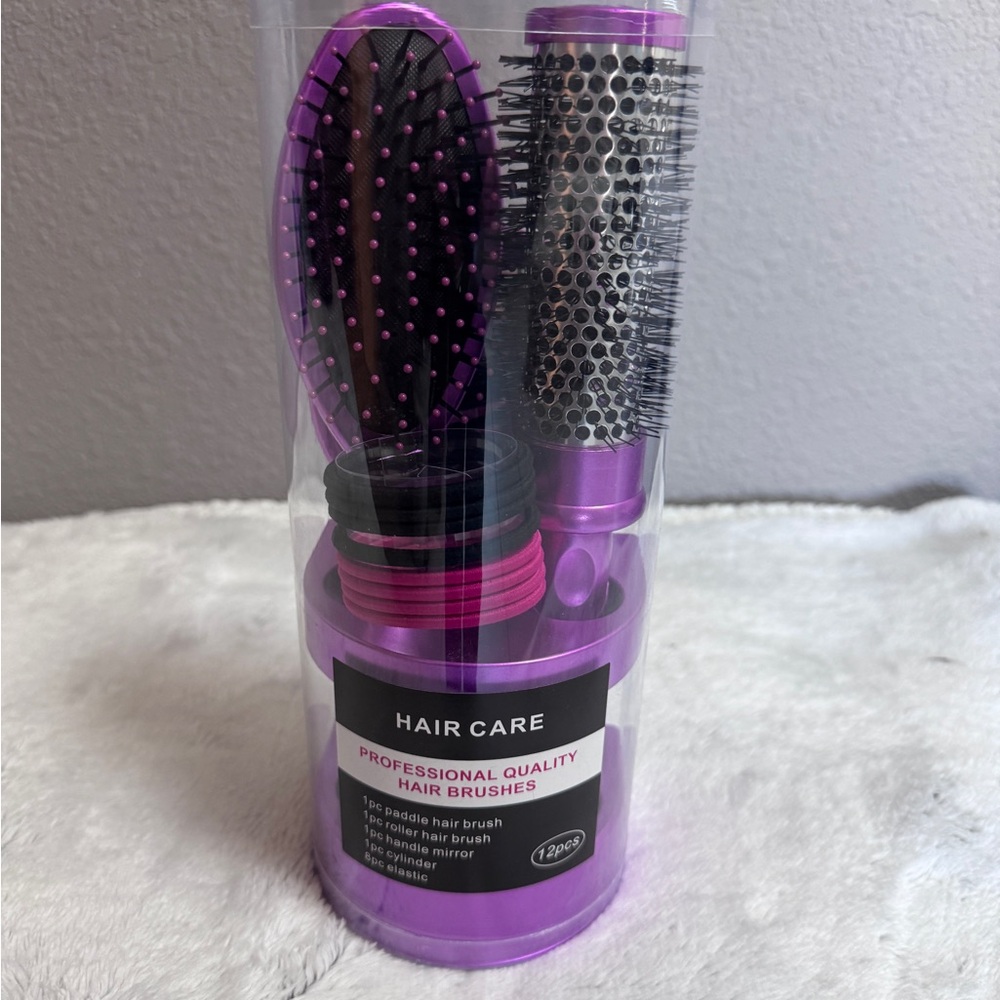 💜💜Purple Hair Care Brush (2) Set with mirror and 8pc pony tail holders +caddy